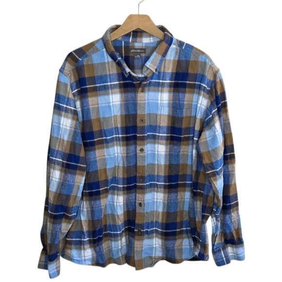 Eddie Bauer | Blue & Tan Plaid Flannel Button Down Shirt Size XL 100% Cotton - Picture 1 of 6